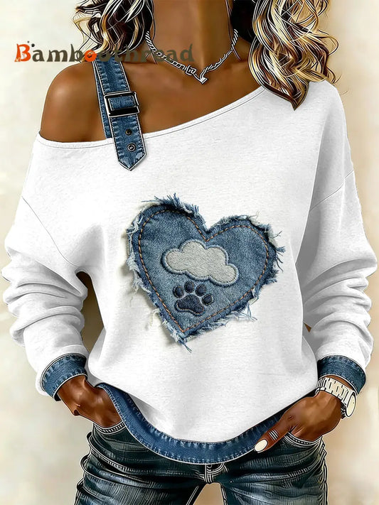 Women’s Vintage Dog’s Paw Patchwork Print Casual Off-Shoulder Sweatshirt As picture / S