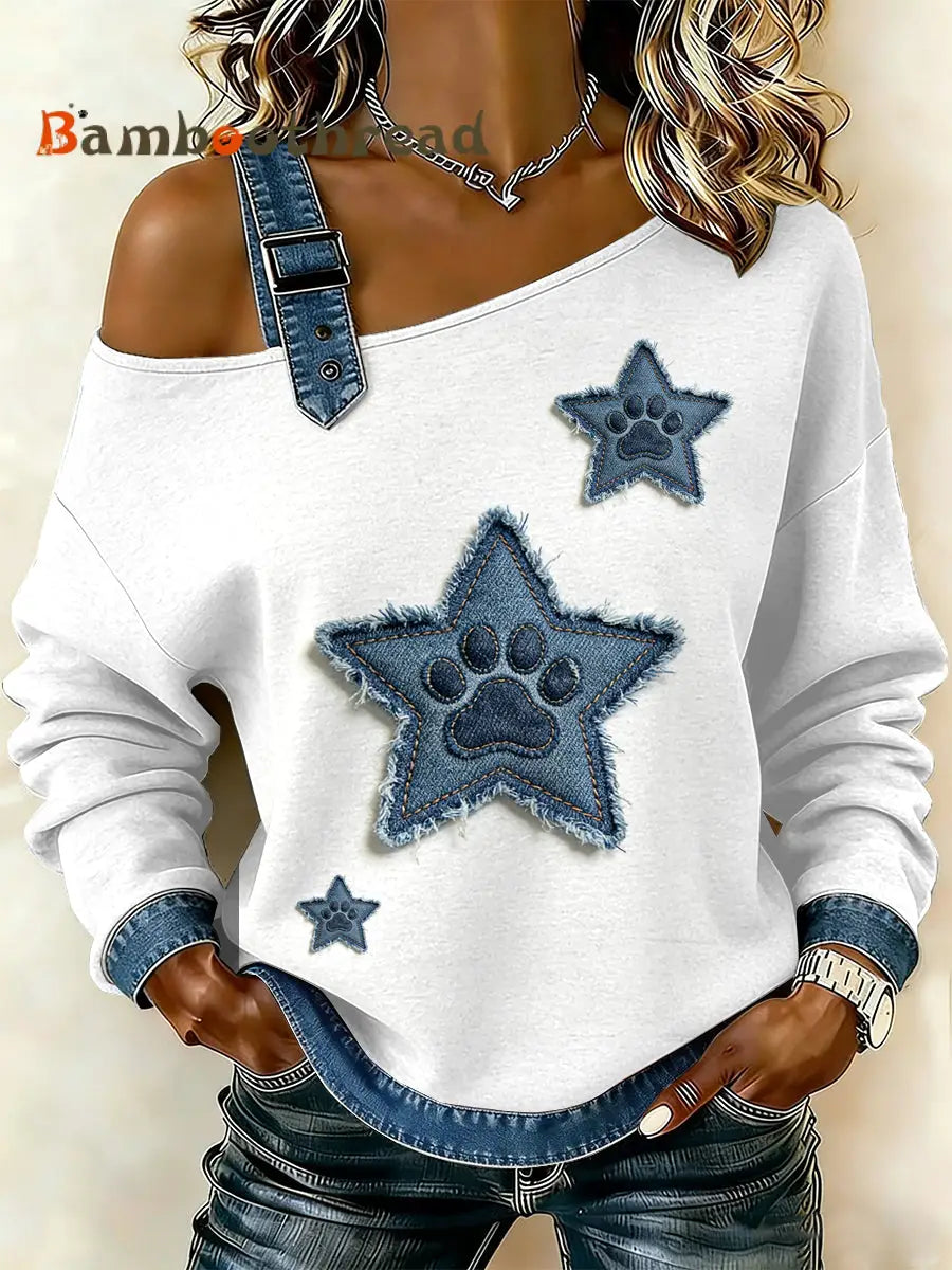 Women’s Vintage Dog’s Paw Patchwork Print Casual Off-Shoulder Sweatshirt As picture / S