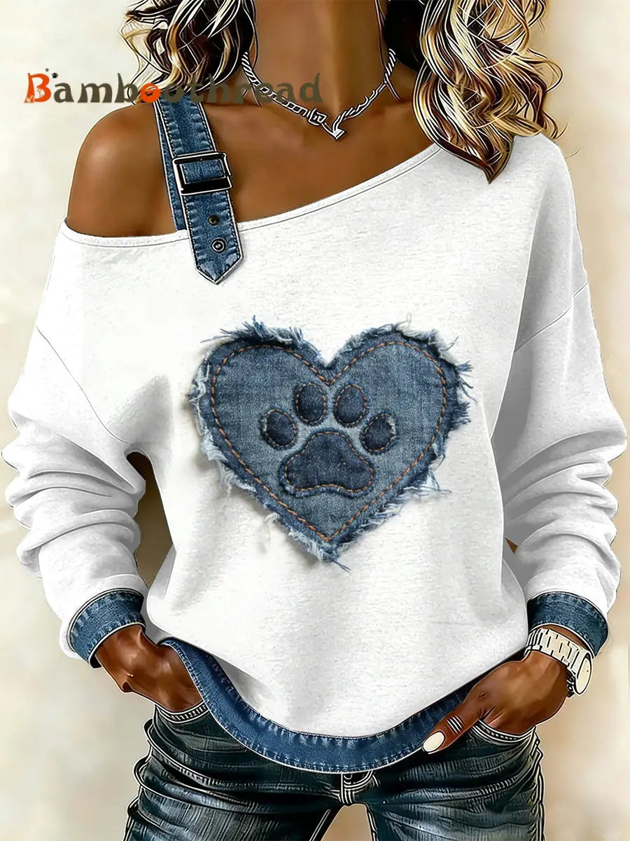 Women’s Vintage Dog’s Paw Patchwork Print Casual Off-Shoulder Sweatshirt As picture / S