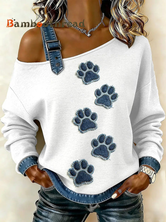 Women’s Vintage Dog’s Paw Patchwork Print Casual Off-Shoulder Sweatshirt As picture / S