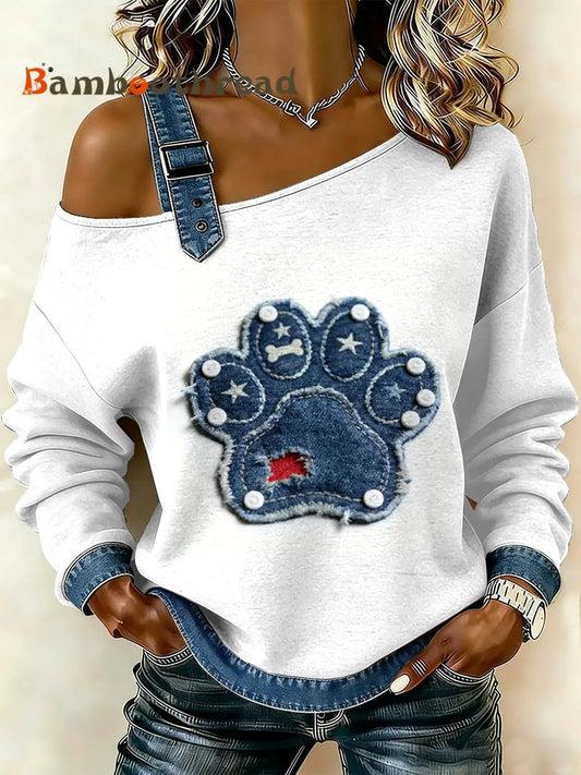 Women’s Vintage Dog’s Paw Patchwork Print Casual Off-Shoulder Sweatshirt As picture / S