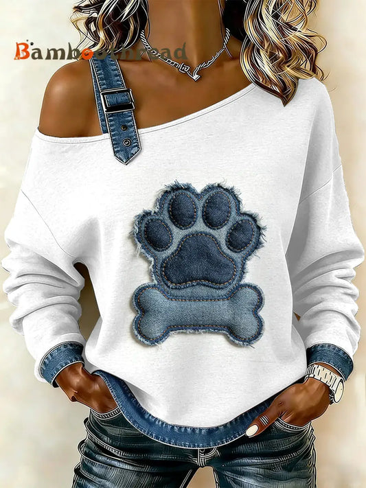 Women’s Vintage Dog’s Paw Patchwork Print Casual Off-Shoulder Sweatshirt As picture / S