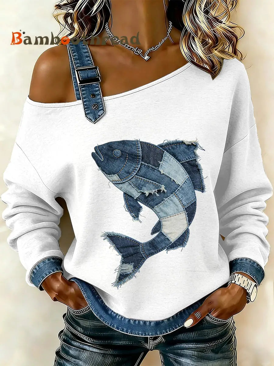 Women’s Vintage Fish Patchwork Print Casual Off-Shoulder Sweatshirt As picture / S
