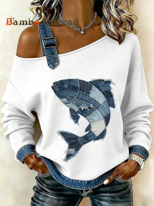 Women’s Vintage Fish Patchwork Print Casual Off-Shoulder Sweatshirt As picture / S