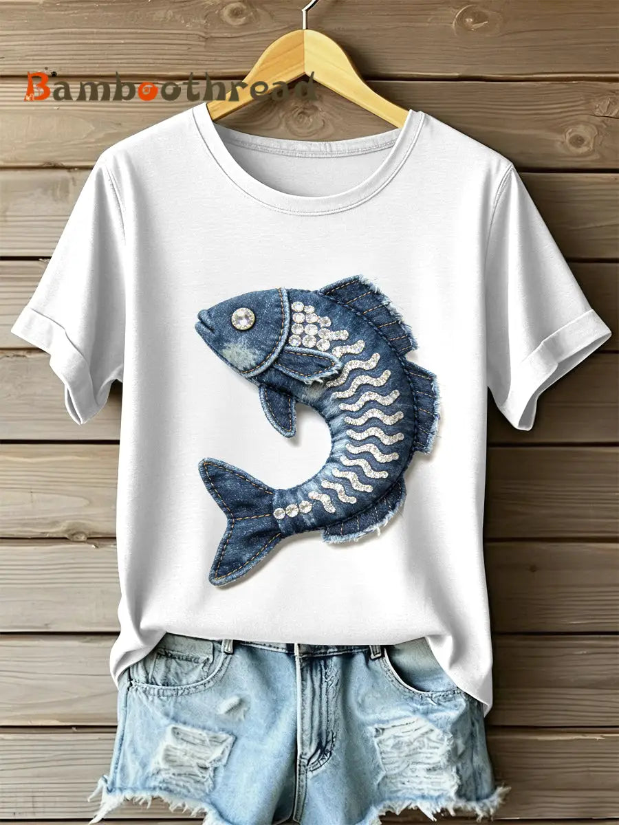 Women’s Vintage Fish Patchwork Print Casual T-shirt