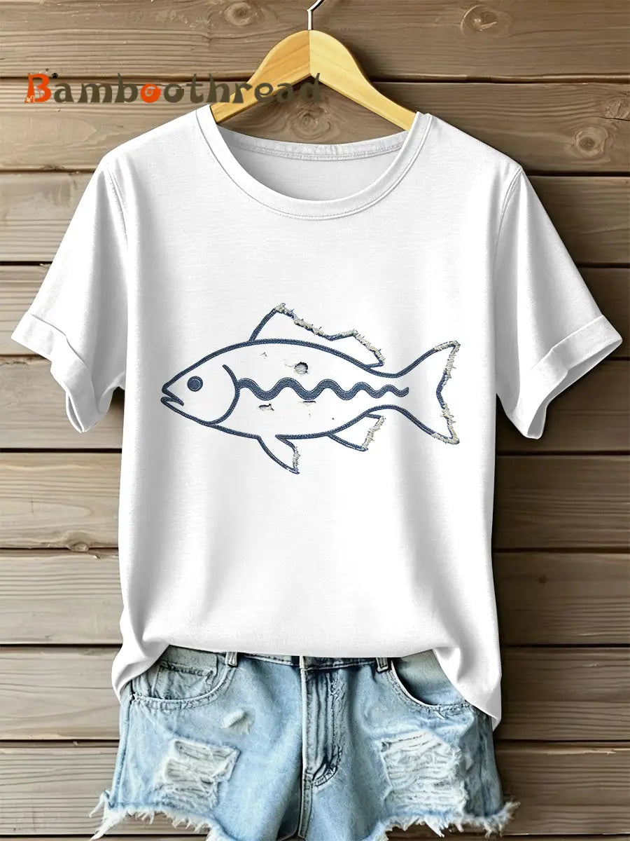 Women’s Vintage Fish Patchwork Print Casual T-shirt