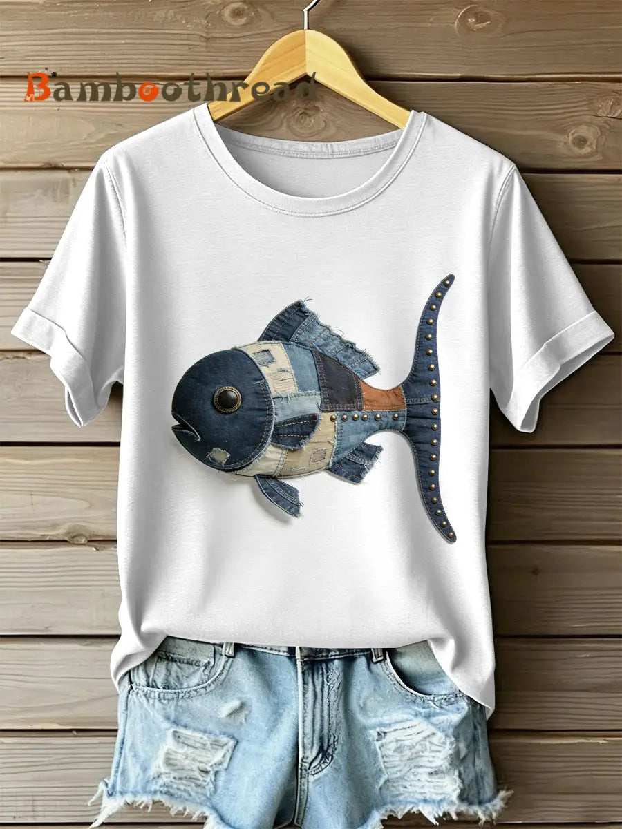 Women’s Vintage Fish Patchwork Print Casual T-shirt As picture / S