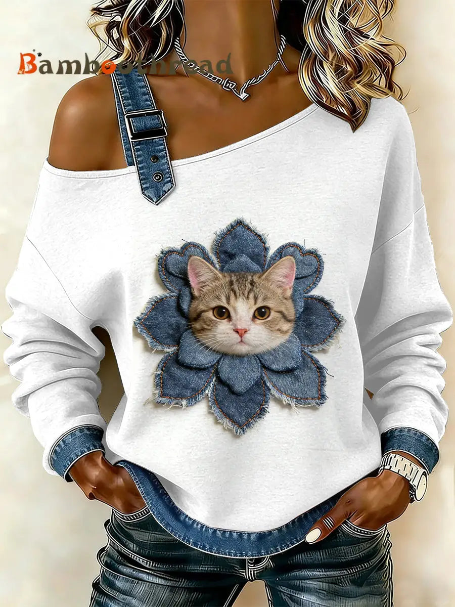 Women’s Vintage Flower Cat Patchwork Print Casual Off-Shoulder Sweatshirt As picture / S