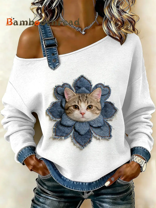 Women’s Vintage Flower Cat Patchwork Print Casual Off-Shoulder Sweatshirt As picture / S