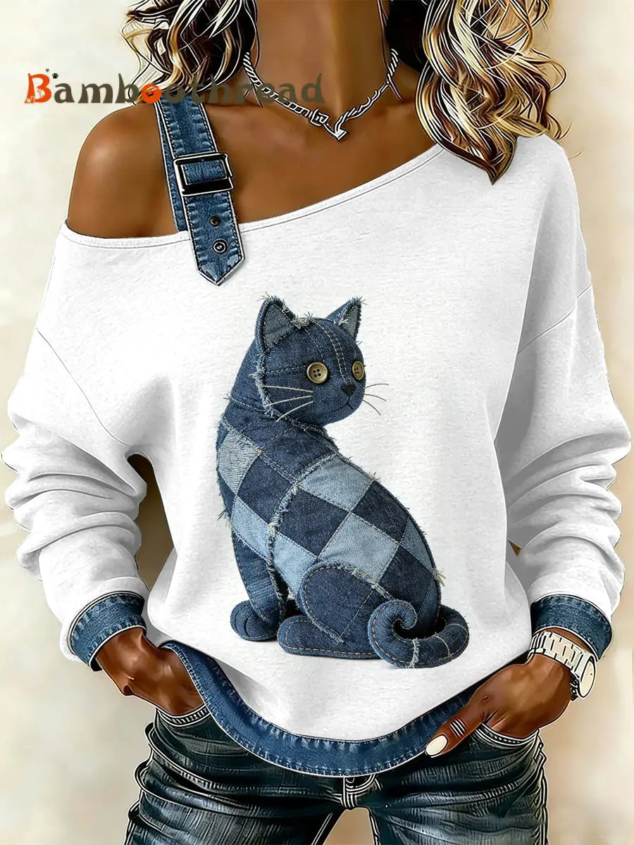 Women’s Vintage Flower Cat Patchwork Print Casual Off-Shoulder Sweatshirt As picture / S
