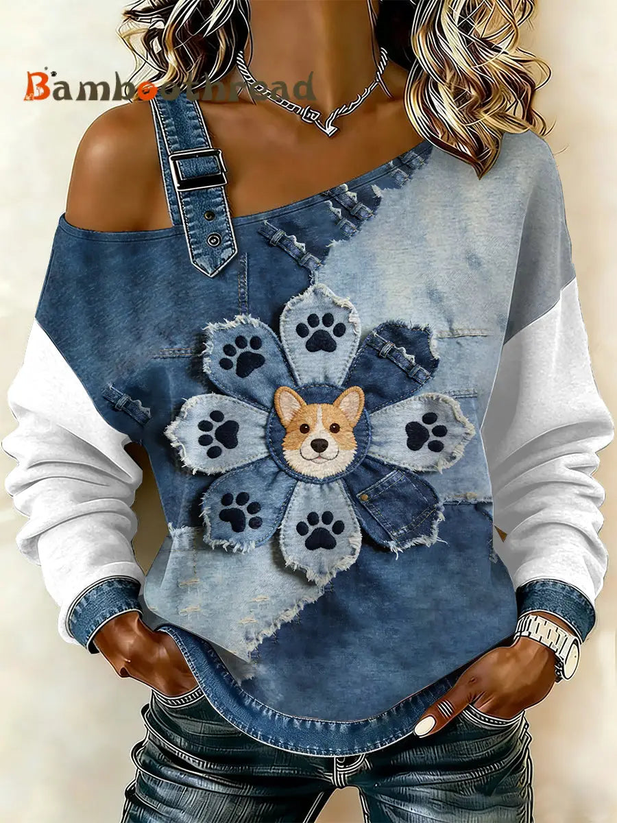 Women’s Vintage Flower Dog Patchwork Print Casual Off-Shoulder Sweatshirt As picture / S