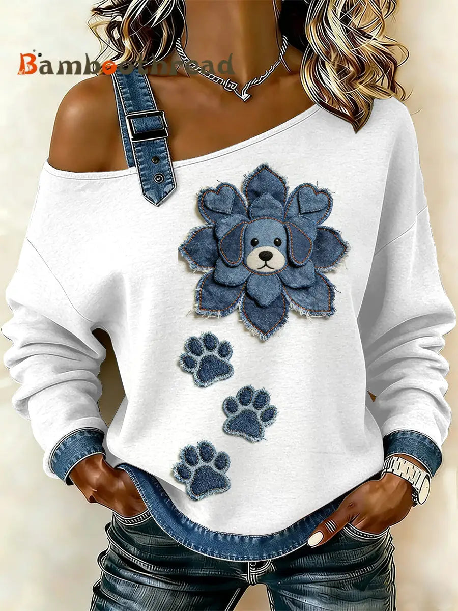 Women’s Vintage Flower Dog Patchwork Print Casual Off-Shoulder Sweatshirt As picture / S