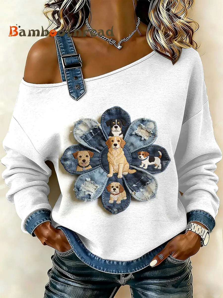 Women’s Vintage Flower Dog Patchwork Print Casual Off-Shoulder Sweatshirt As picture / S