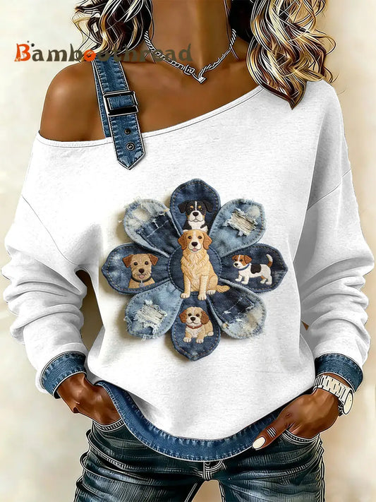 Women’s Vintage Flower Dog Patchwork Print Casual Off-Shoulder Sweatshirt As picture / S