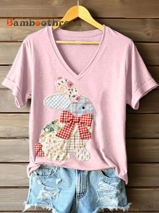 Women’s Vintage Patchwork Bunny Pattern V-Neck T-Shirt Pink / S