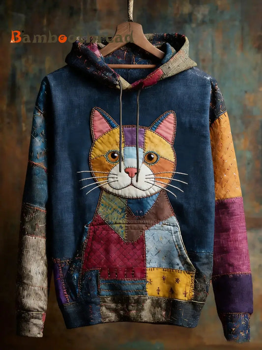 Women’s Vintage Patchwork Cat Print Art Casual Hoodie As picture / S