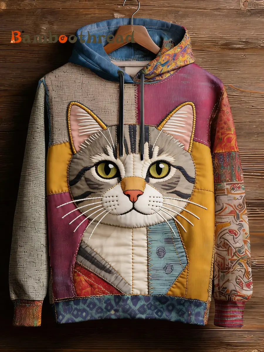Women’s Vintage Patchwork Cat Print Art Casual Hoodie As picture / S