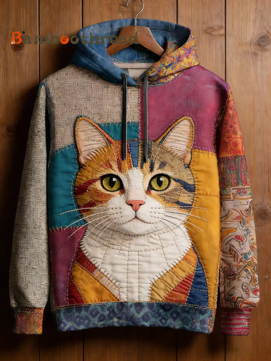 Women’s Vintage Patchwork Cat Print Art Casual Hoodie As picture / S