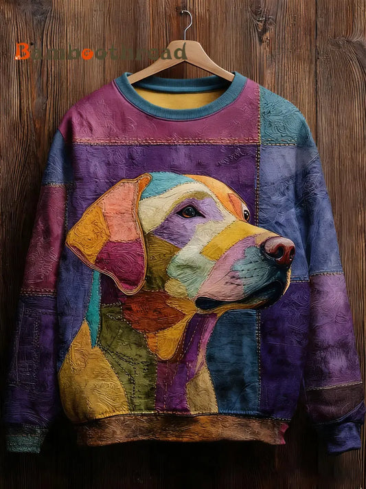 Women’s Vintage Patchwork Dog Art Print Casual Sweatshirt As picture / S