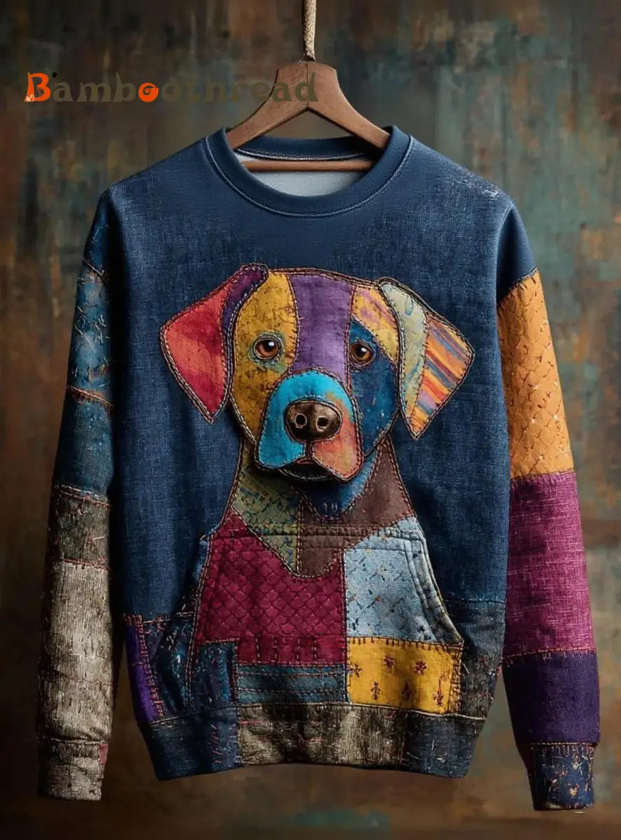 Women’s Vintage Patchwork Dog Art Print Casual Sweatshirt As picture / S
