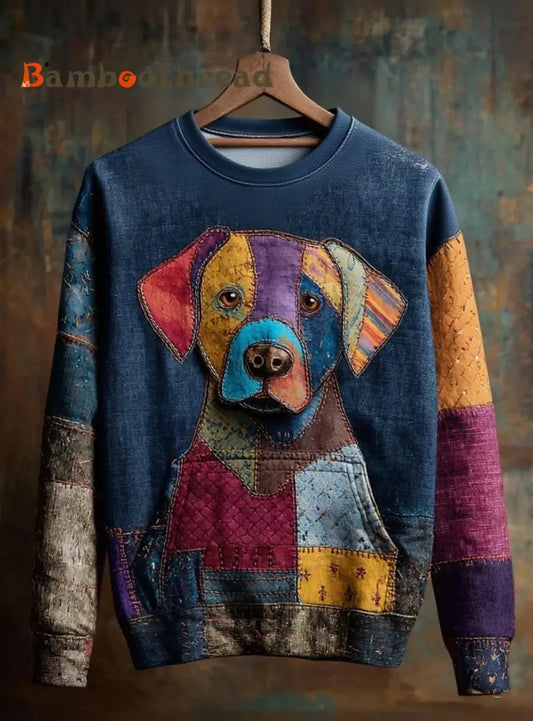 Women’s Vintage Patchwork Dog Art Print Casual Sweatshirt As picture / S