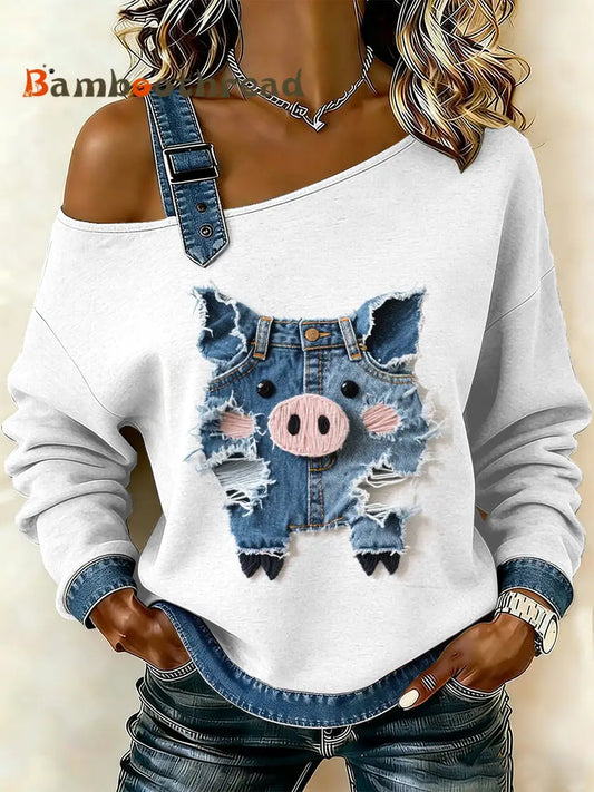 Women’s Vintage Pig Patchwork Print Casual Off-Shoulder Sweatshirt As picture / S
