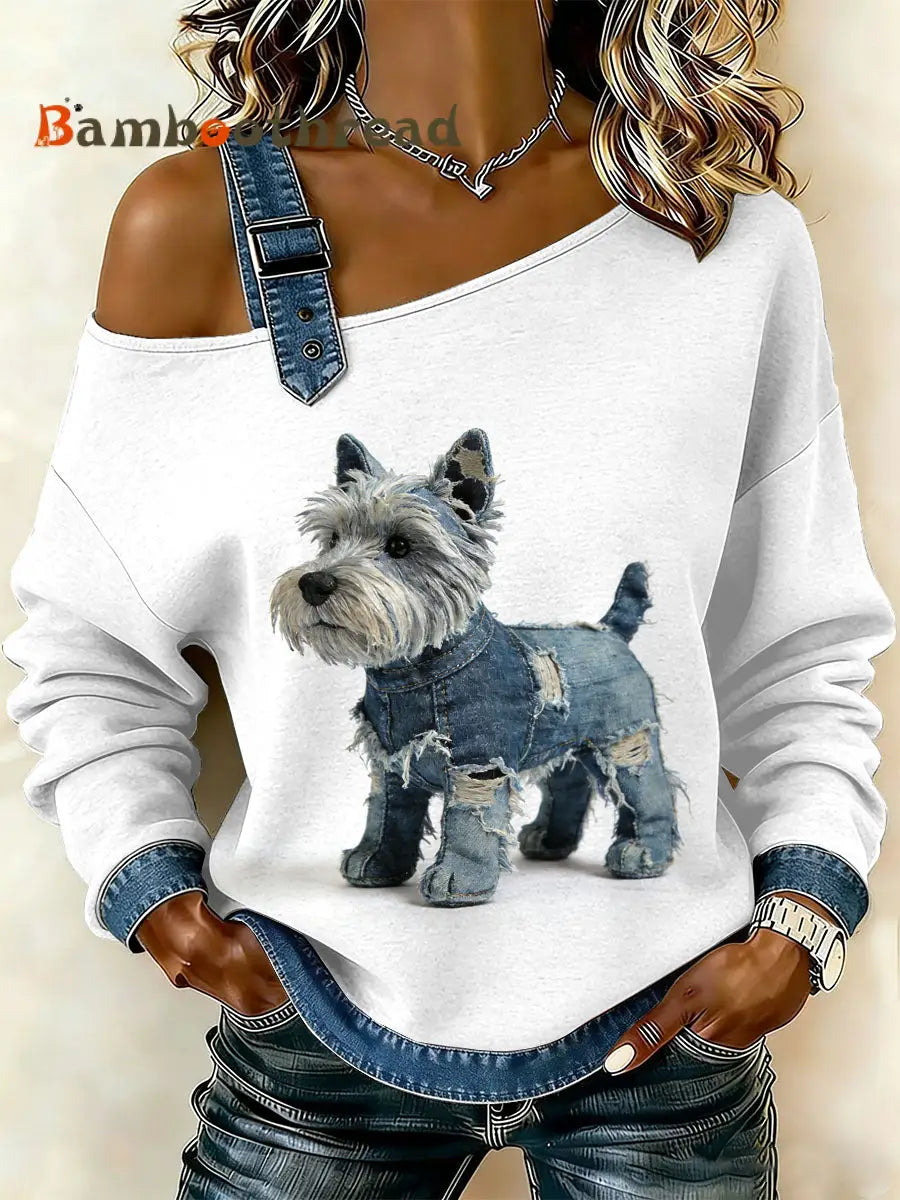 Women’s Vintage Puppy Patchwork Casual Off-Shoulder Sweatshirt As picture / S