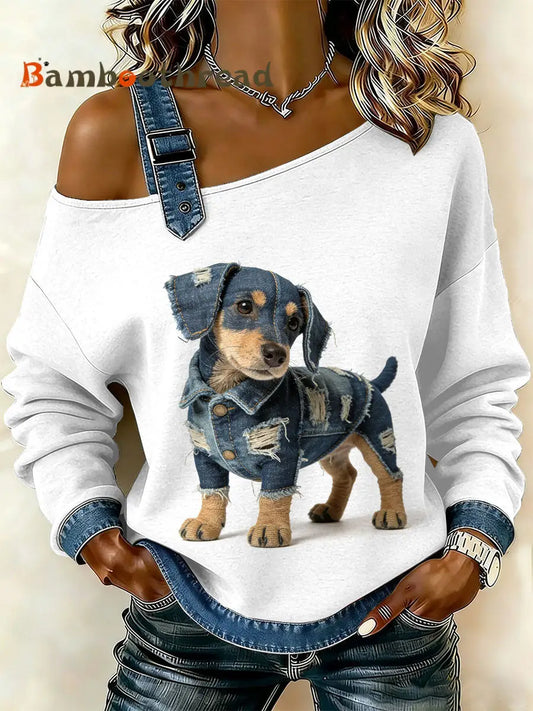 Women’s Vintage Puppy Patchwork Casual Off-Shoulder Sweatshirt As picture / S
