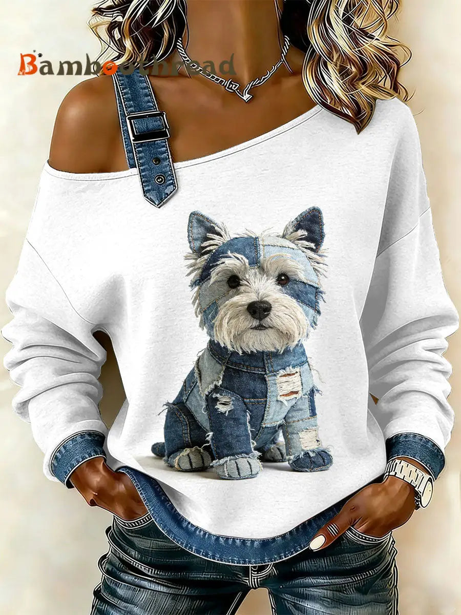Women’s Vintage Puppy Patchwork Casual Off-Shoulder Sweatshirt As picture / S