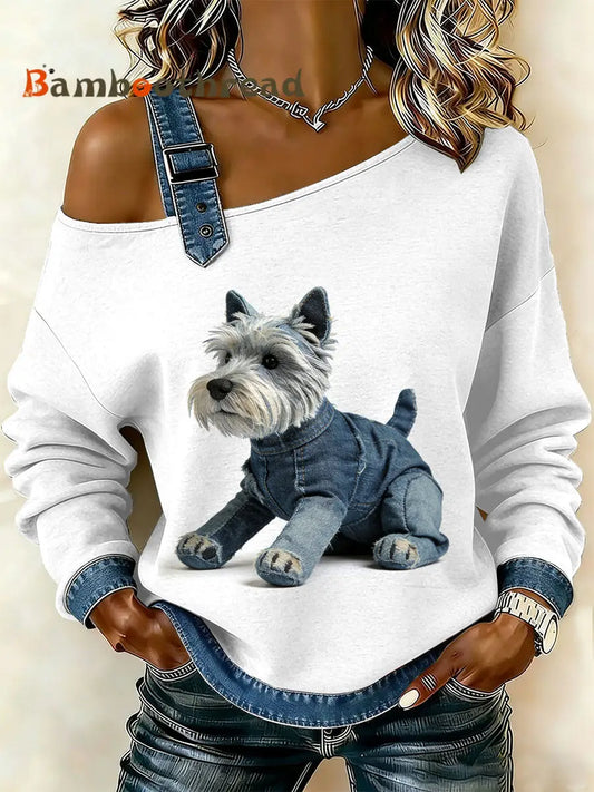 Women’s Vintage Puppy Patchwork Casual Off-Shoulder Sweatshirt As picture / S