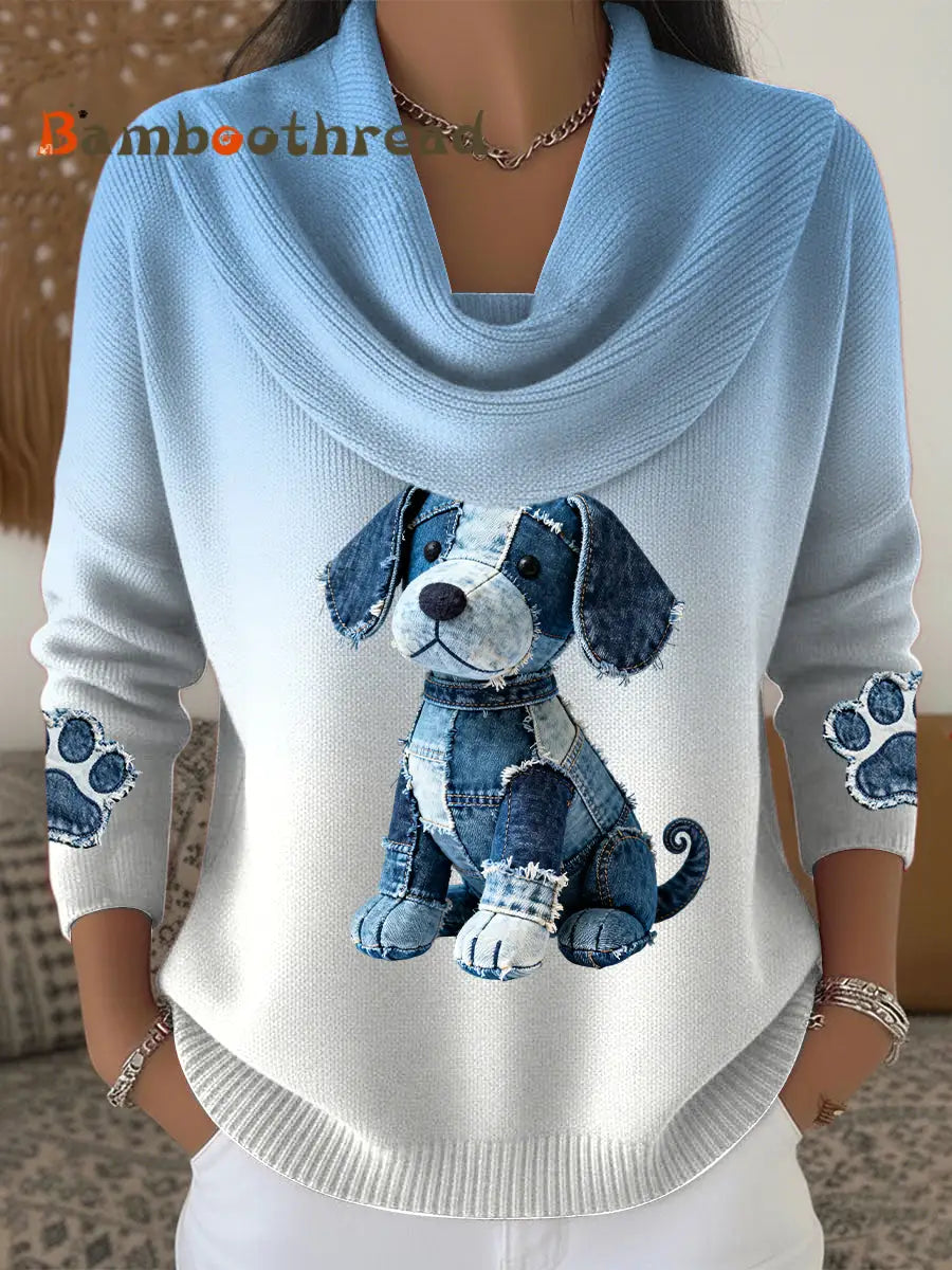 Women’s Vintage Puppy Patchwork Gradient Collar Blouse Blue / S