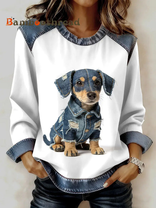 Women’s Vintage Puppy Print Casual Sweatshirt As picture / S