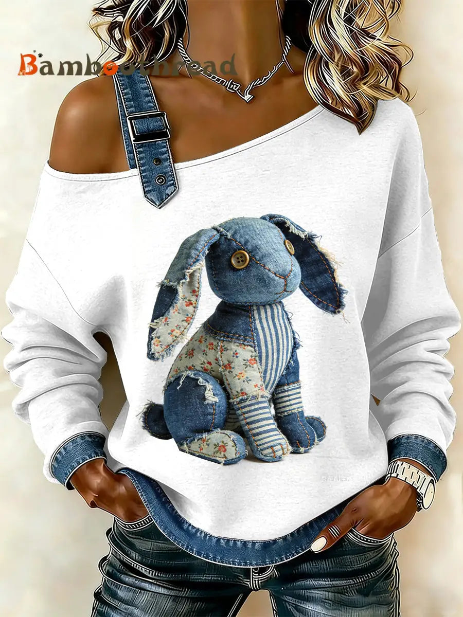 Women’s Vintage Rabbit Patchwork Print Casual Off-Shoulder Sweatshirt As picture / S