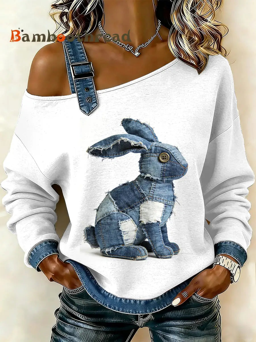 Women’s Vintage Rabbit Patchwork Print Casual Off-Shoulder Sweatshirt As picture / S