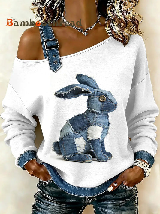 Women’s Vintage Rabbit Patchwork Print Casual Off-Shoulder Sweatshirt As picture / S