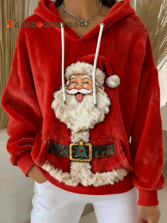 Women’s Vintage Santa Claus Art Printed Flannel Hoodie Red / S