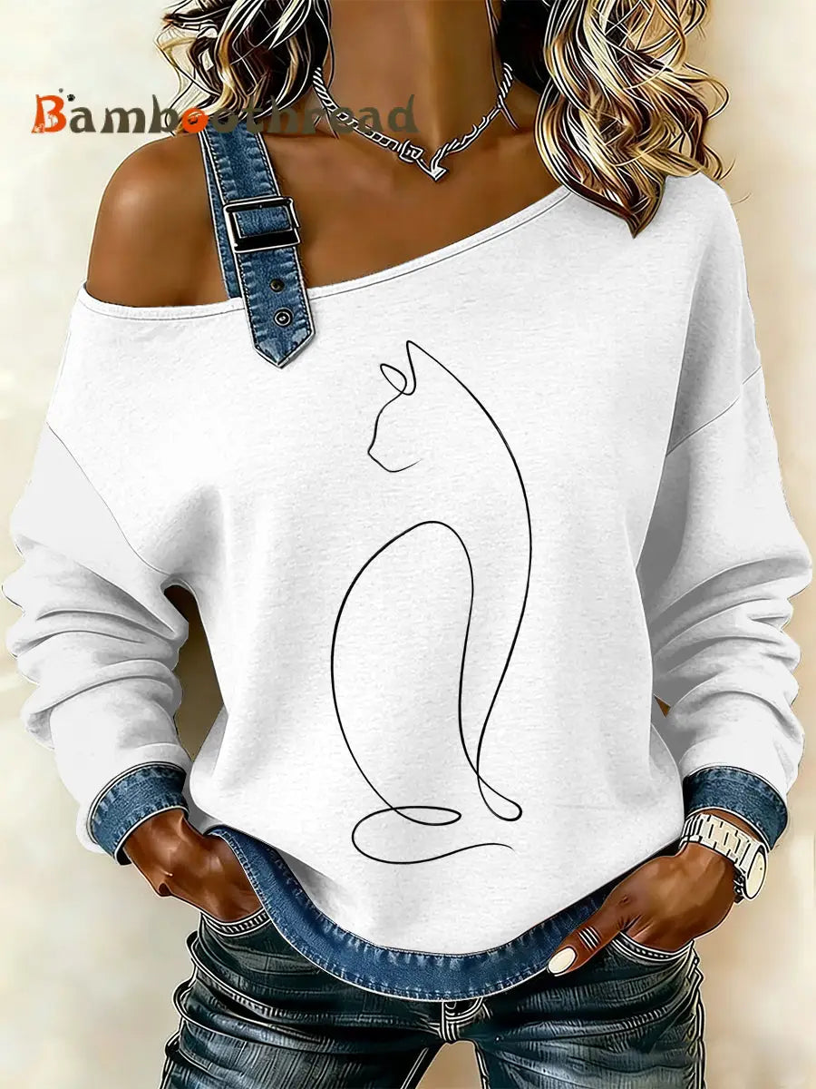 Women’s Vintage Simple Cat Patchwork Print Casual Off-Shoulder Sweatshirt As picture / S