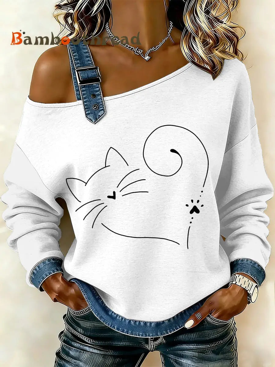 Women’s Vintage Simple Cat Patchwork Print Casual Off-Shoulder Sweatshirt As picture / S