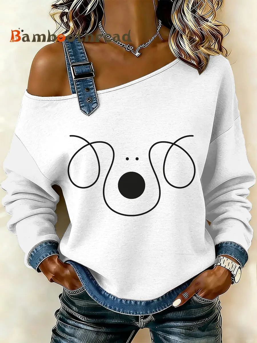 Women’s Vintage Simple Dog Patchwork Print Casual Off-Shoulder Sweatshirt As picture / S