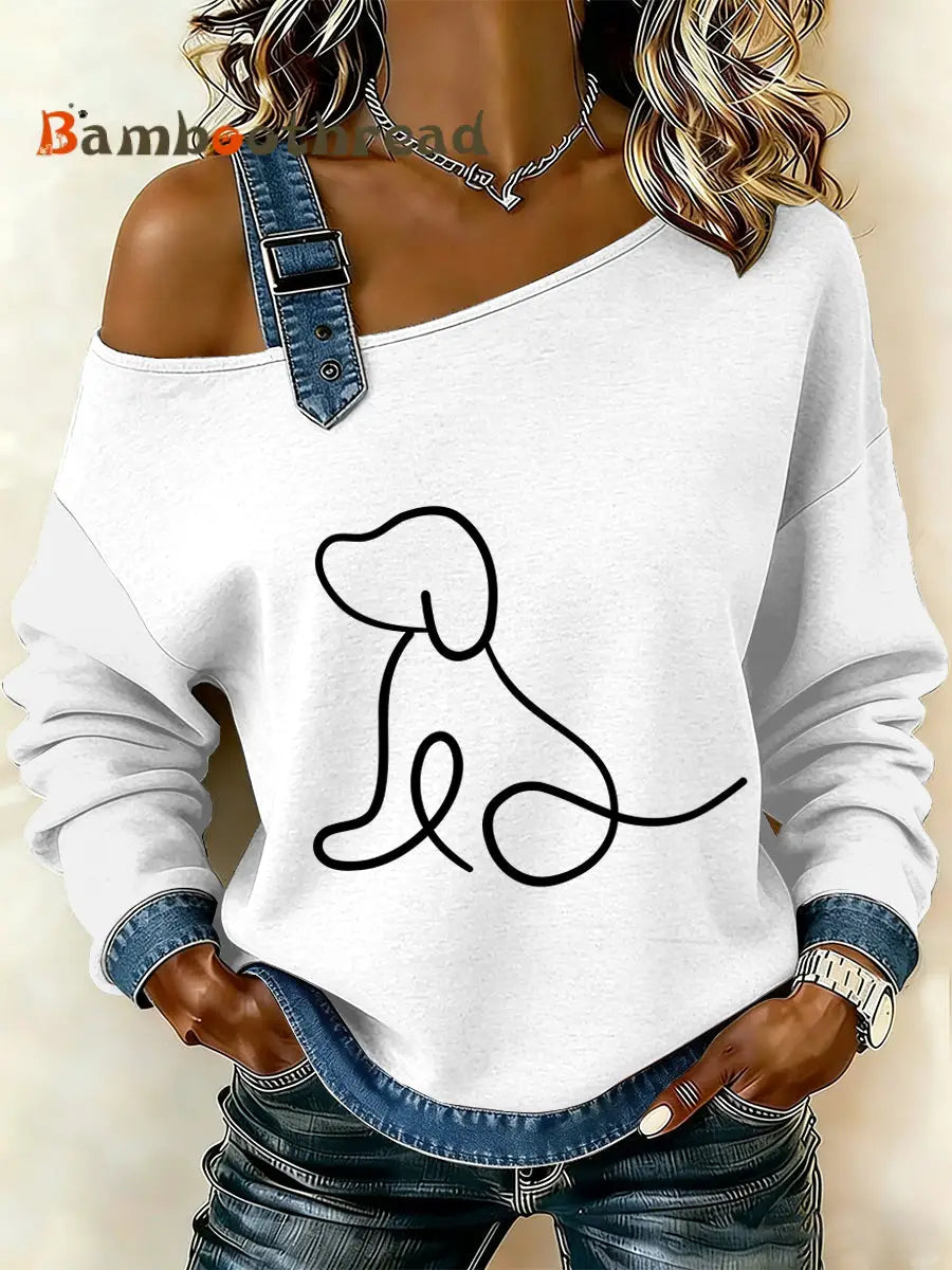 Women’s Vintage Simple Dog Patchwork Print Casual Off-Shoulder Sweatshirt As picture / S