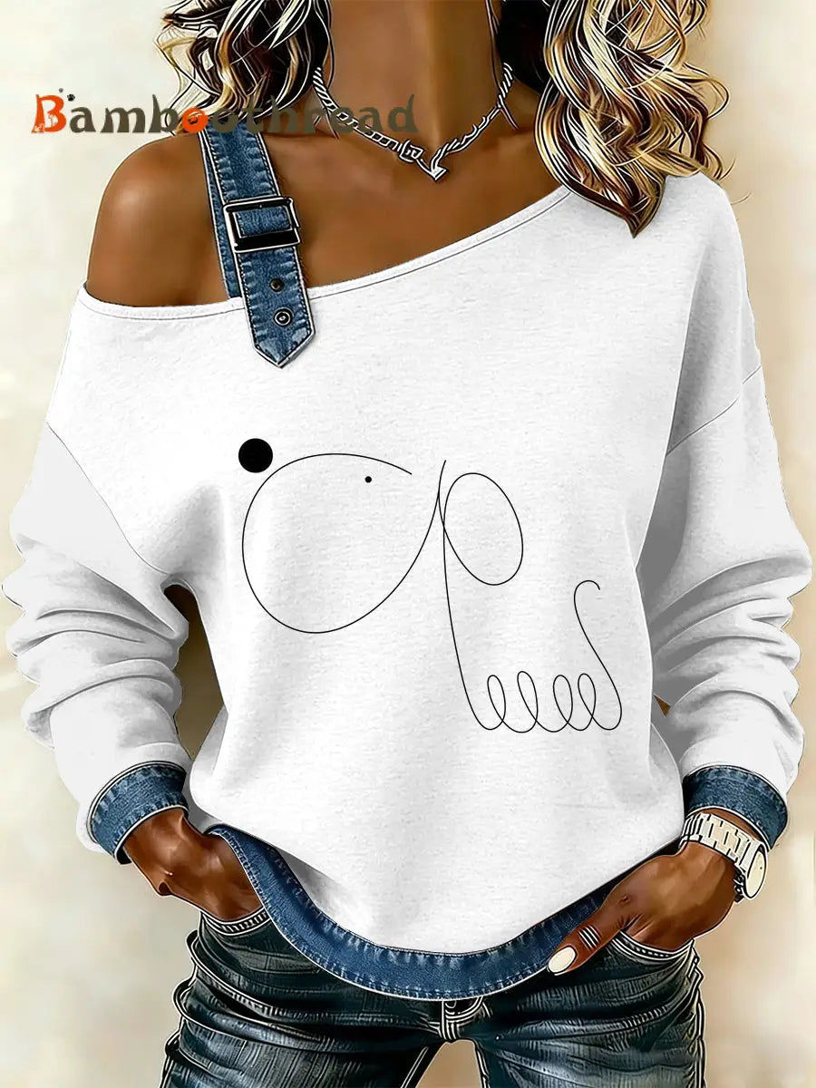 Women’s Vintage Simple Dog Patchwork Print Casual Off-Shoulder Sweatshirt As picture / S
