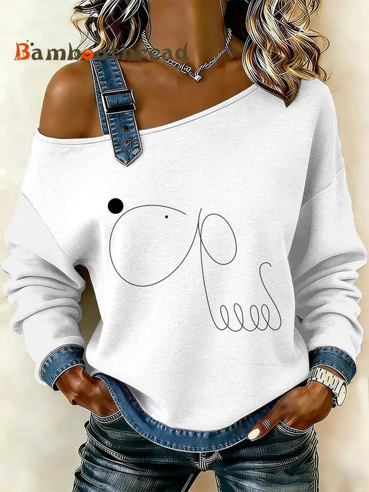 Women’s Vintage Simple Dog Patchwork Print Casual Off-Shoulder Sweatshirt As picture / S