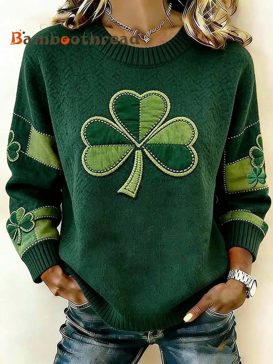 Women’s Vintage St. Patrick’s Day Shamrock Art Print Crew Neck Sweater Dark Green / S