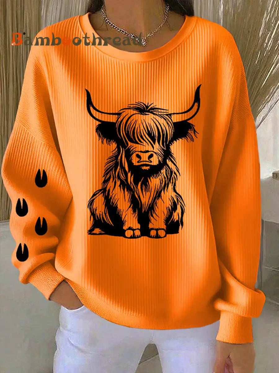 Women’s West Highland Cow Print Crew Neck Long Sleeve Sweats Orange / S