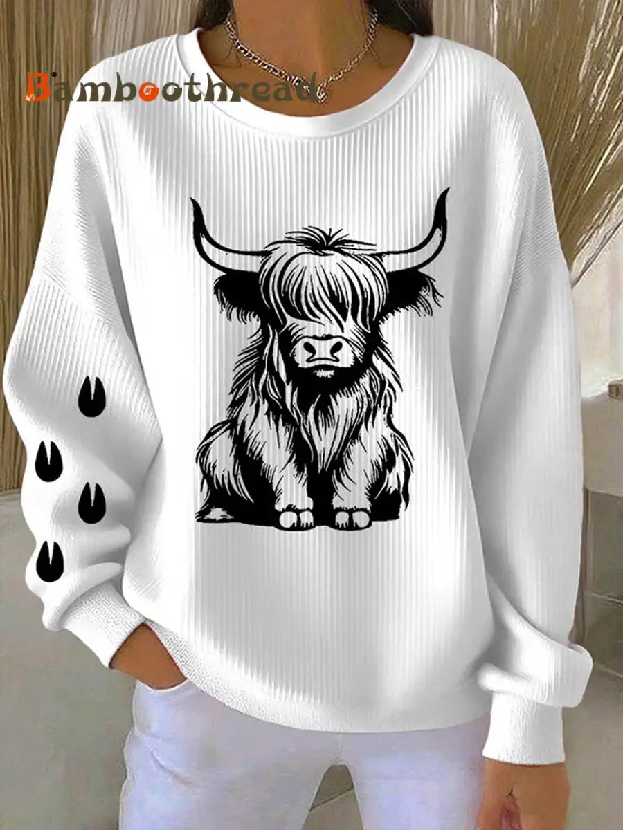 Women’s West Highland Cow Print Crew Neck Long Sleeve Sweats White / S