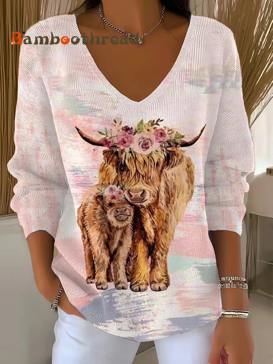 Women’s West Highland Cow Print V-Neck Ribbed Top Pink / S