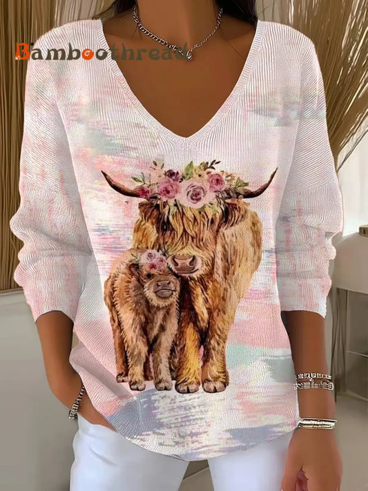 Women’s West Highland Cow Print V-Neck Ribbed Top Pink / S