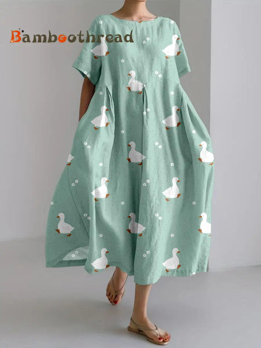 Women’s White Duck Print Linen Short Sleeve Dress As picture / S