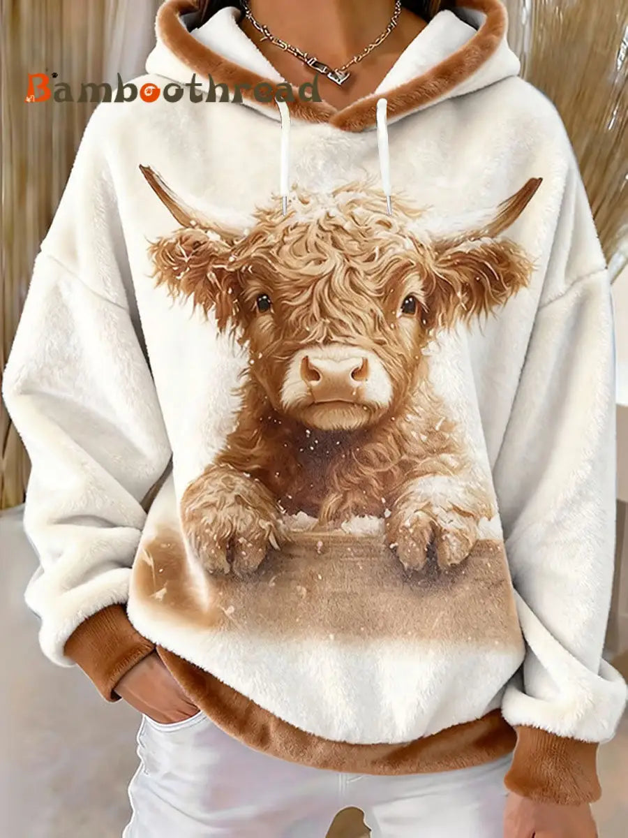 Women’s Winter Cute Highland Cow Flannel Hoodie As picture / S