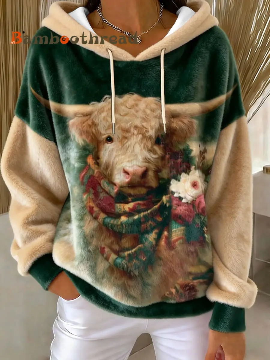 Women’s Winter Cute Highland Cow Flannel Hoodie As picture / S